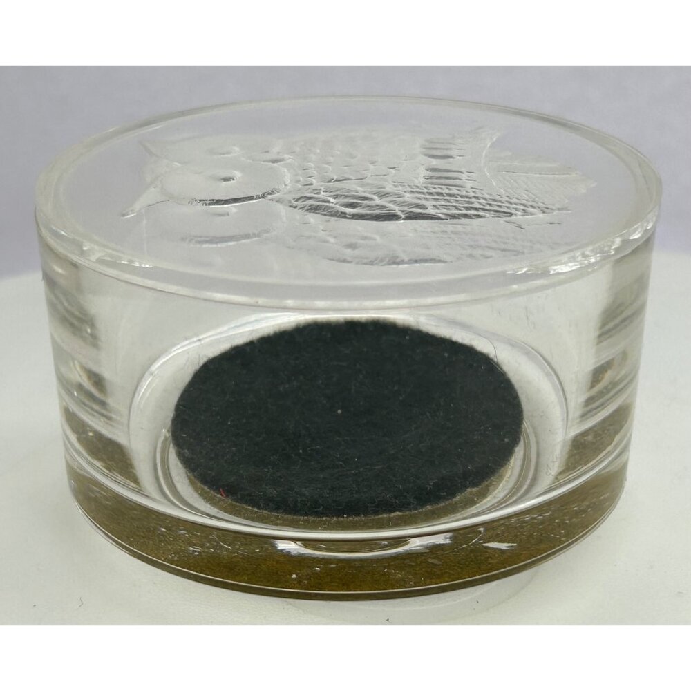 Trinket Jewelry Box Etched Owl Design Lid Round Clear & Black Vintage Look Retro - Picture 5 of 8